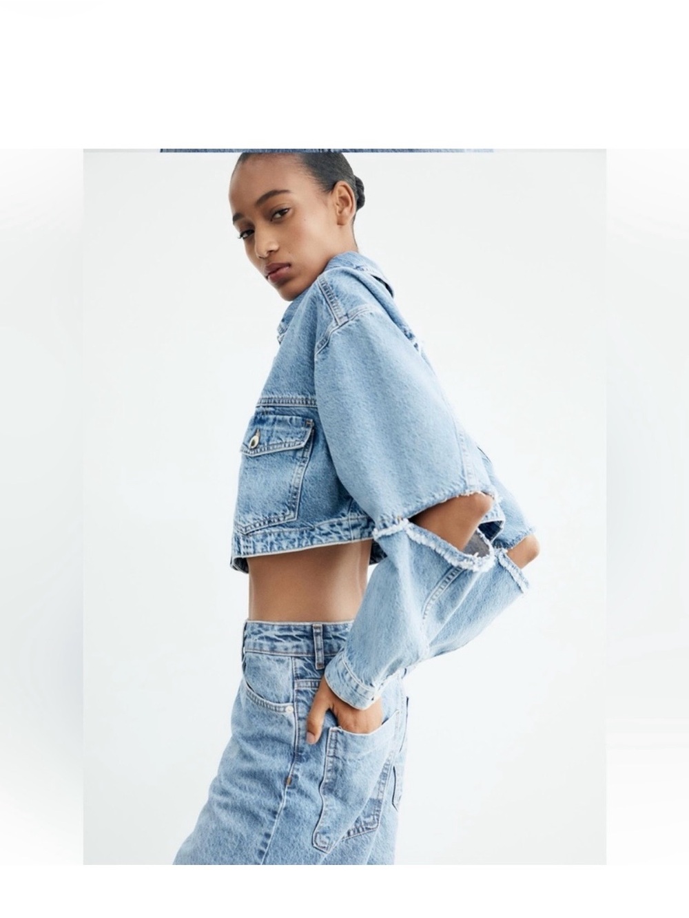 Zara Light Wash Cut-Out Cropped Jean Jacket